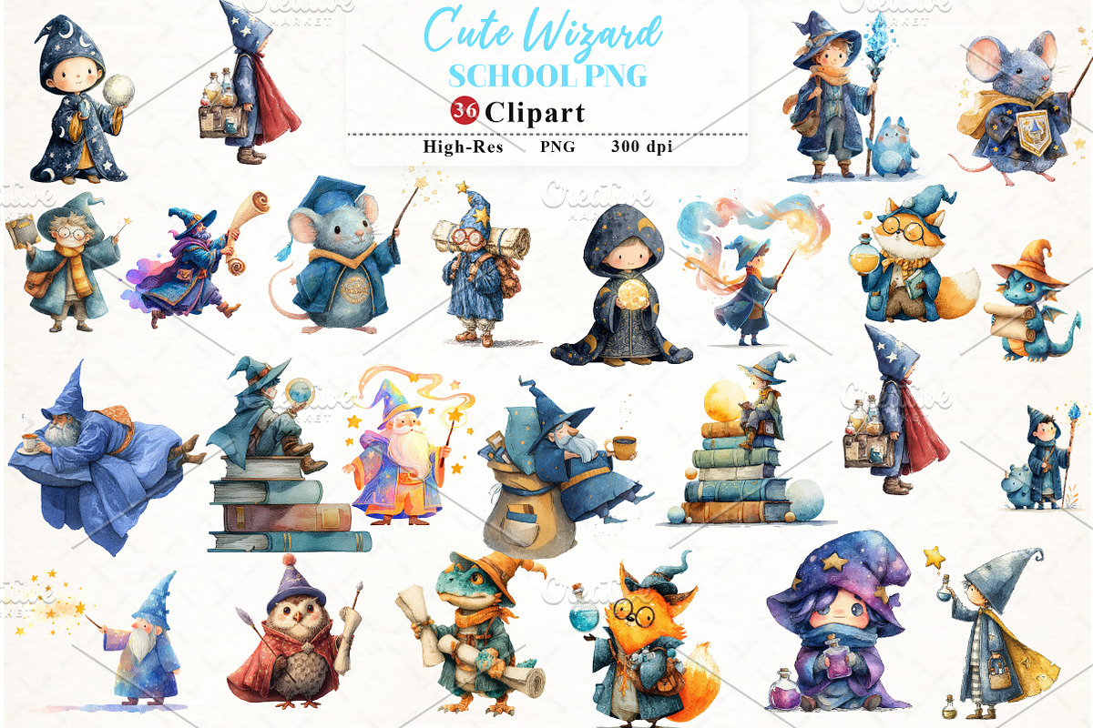 Cute Wizard School Clipart, an Illustration by Watercolor design