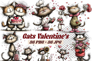 Whimsical Cat Valentine Clipart Set, an Animal Illustration by one-touch