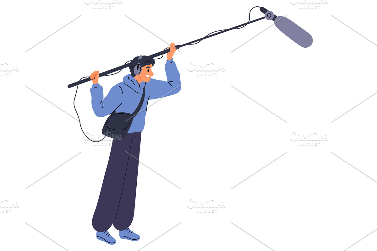 Man holds microphone on long pole to, a Person Illustration by Vectorbuum