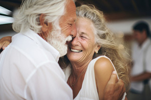 Caucasian elderly couple embracing joyfully, highlighting affect, a Photo by Dvoevnore photos
