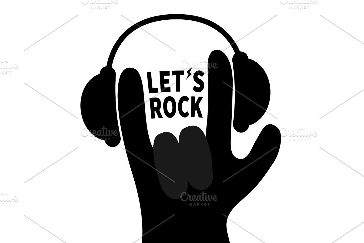 Lets rock. Headphones and hand., an Illustration by Worldofvector