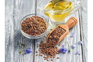 Flax seeds and flaxseed oil with, a Food & Drink Photo by Fascinadora