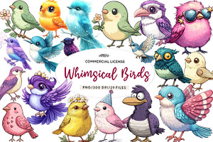 Watercolor Whimsical Birds Clipart, an Illustration by CreationArt