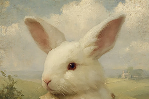 White rabbit wearing a coat standing in a lush green countryside, an Illustration by Studio ANNA
