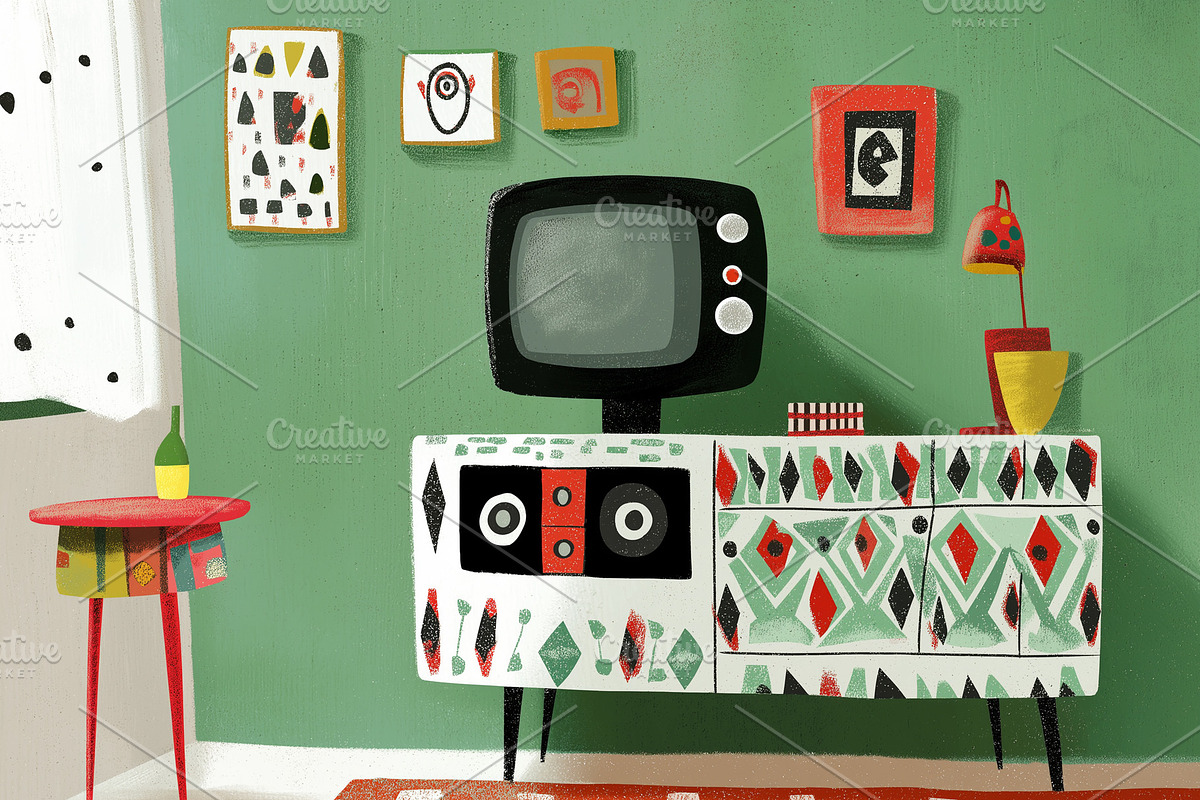 A retro home interior, an Empty State Illustration by Sybillla