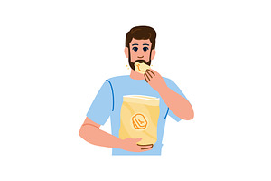 Bearded man eating potato chips from, a Person Illustration by pikepicture