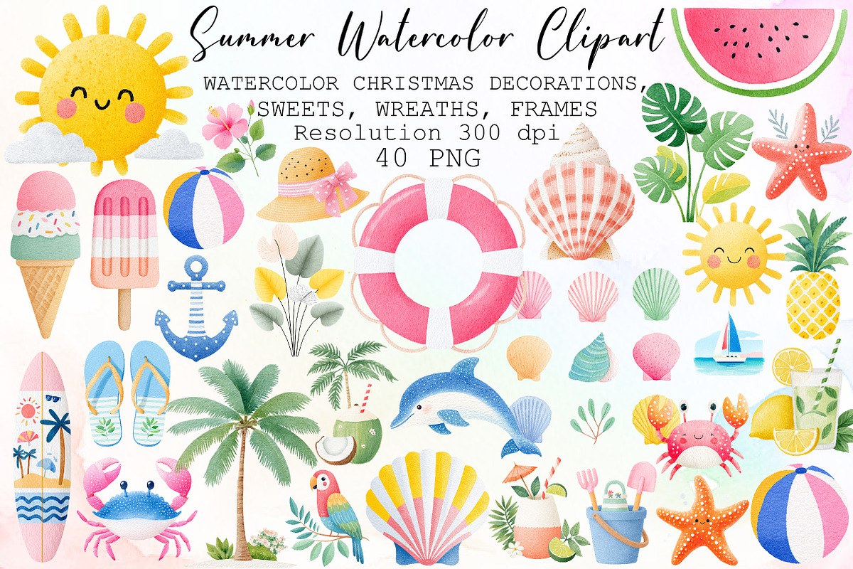 Summer Watercolor Clipart Set, an Illustration by Sublimation Artist (Photo 1 of 6)