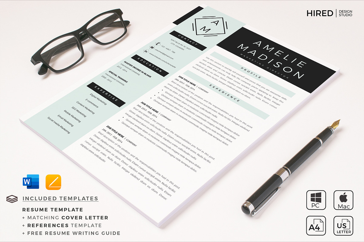 Marketing Resume CV for Word & Pages, a Resume Template by HIRED Design Studio (Photo 6 of 11)