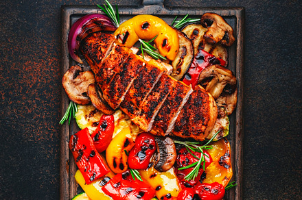 Grilled vegetables and chicken fillet. Paprika, zucchini, eggpla, a Food & Drink Photo by 5PH
