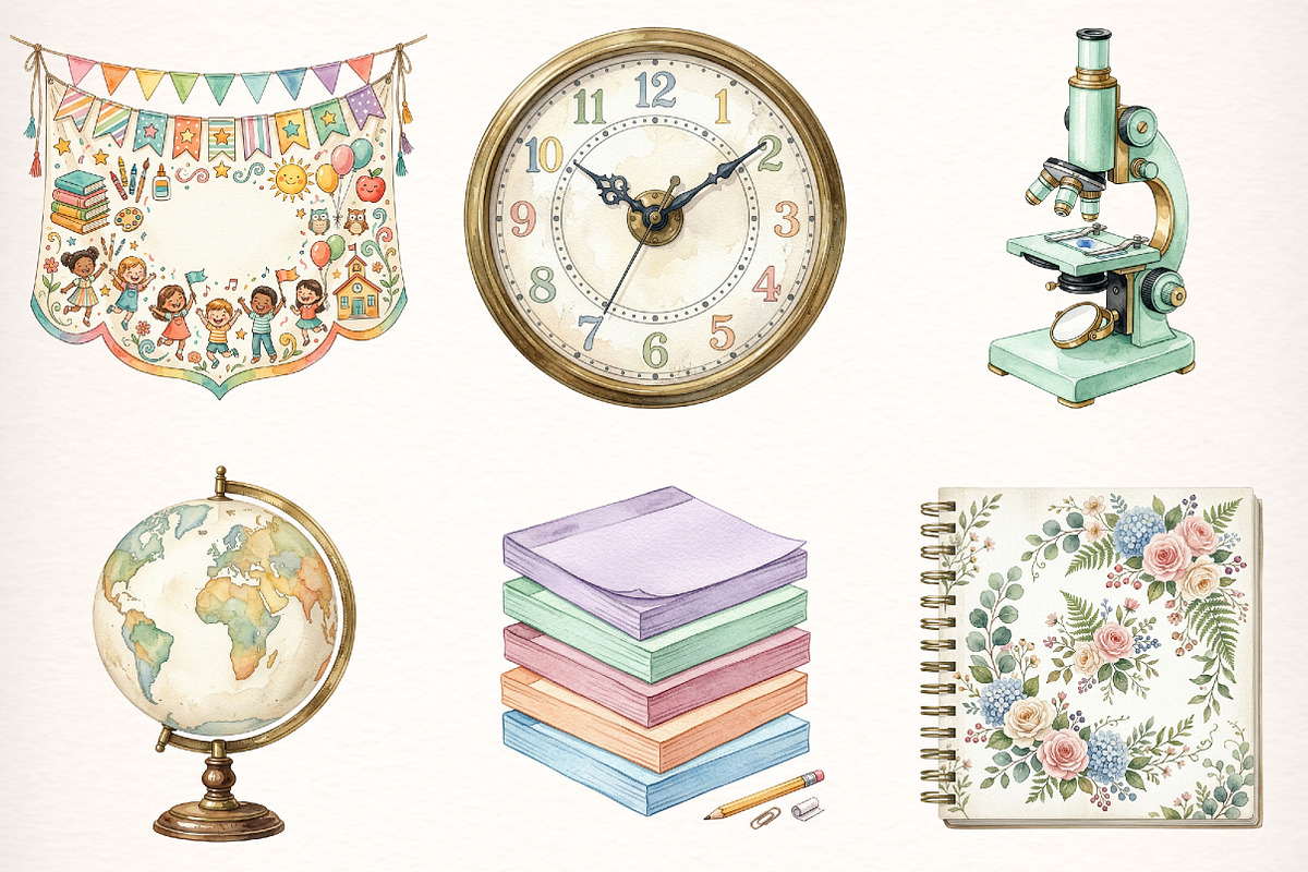 Watercolor Cute School Clipart, a Transportation Illustration by Digital Artistic99 (Photo 2 of 9)