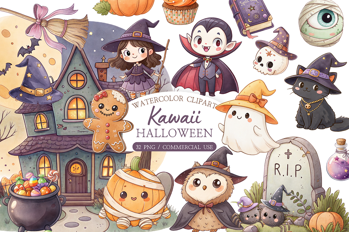 Kawaii Halloween PNG Clipart, a Seasonal Illustration by MockupWizard (Photo 1 of 5)