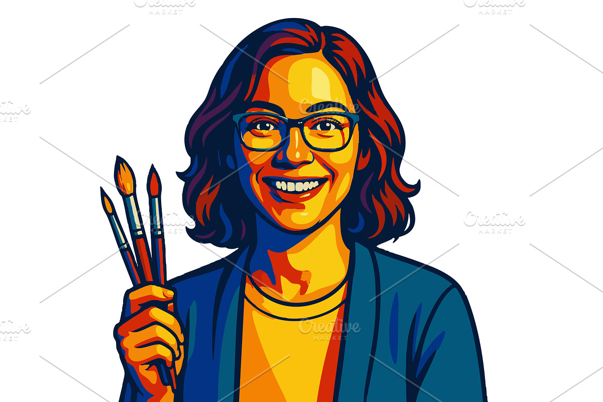 Smiling Female Artist Holding, a Person Illustration by AlexArt