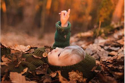Little boy lying in dry leaves in, a Person Photo by HalfPoint