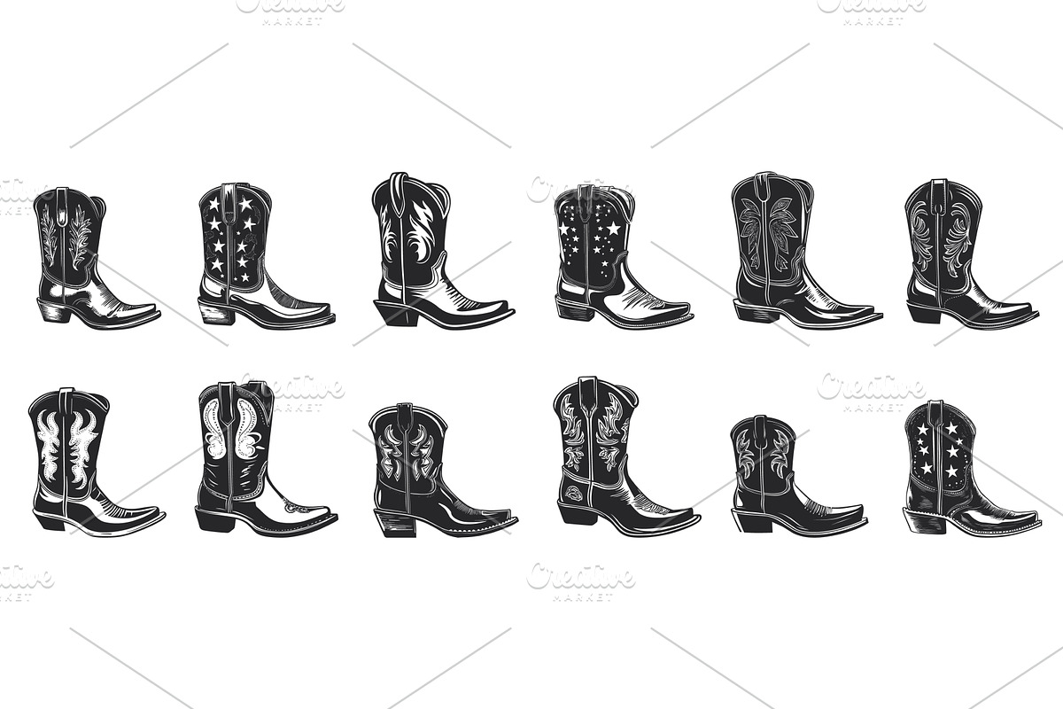 Cowgirl boot set. Side view. Stylish, an Illustration by Valerie Bodnar