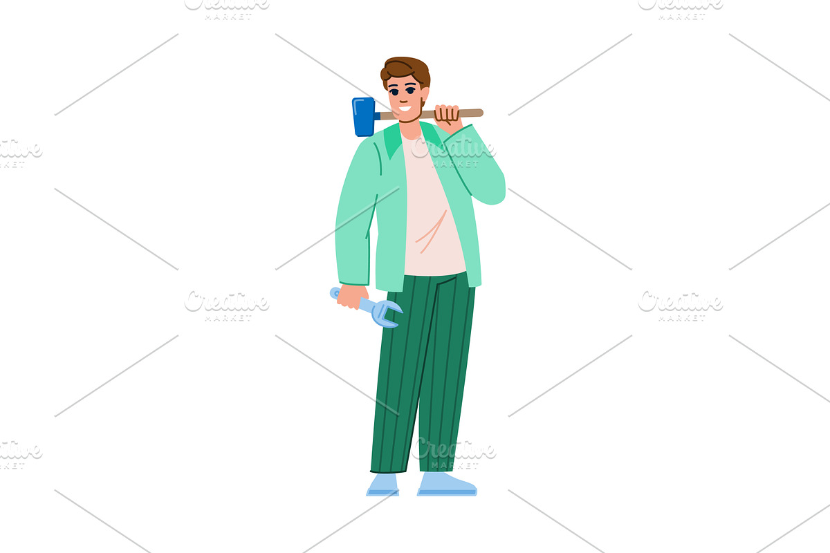 Handyman holding mallet and wrench, a Person Illustration by pikepicture