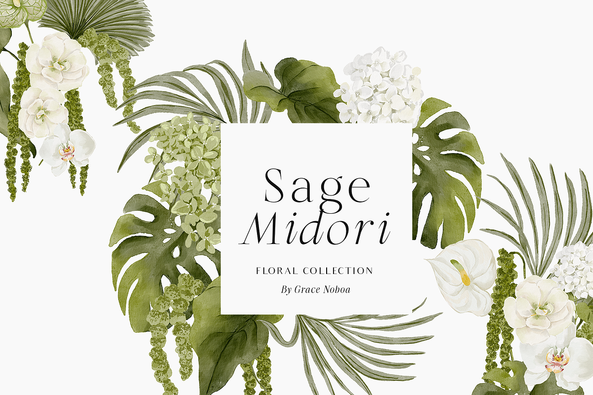 Tropical green watercolor flowers, an Object Graphic by Grace Noboa Illustrations (Photo 10 of 11)