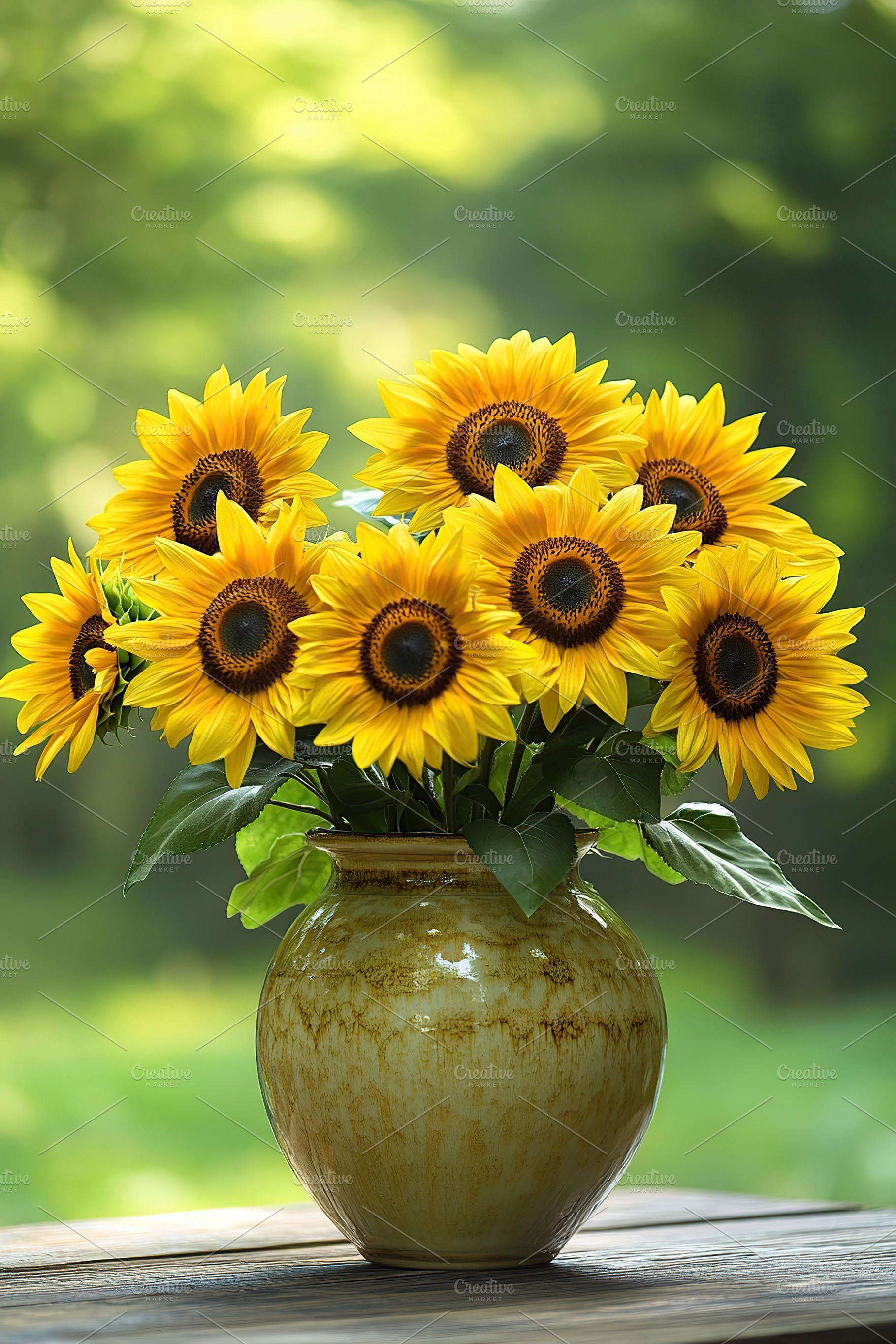 Bright sunflowers in a ceramic vase set against a green backdrop during daytime, a Nature Photo by AlyaAnd