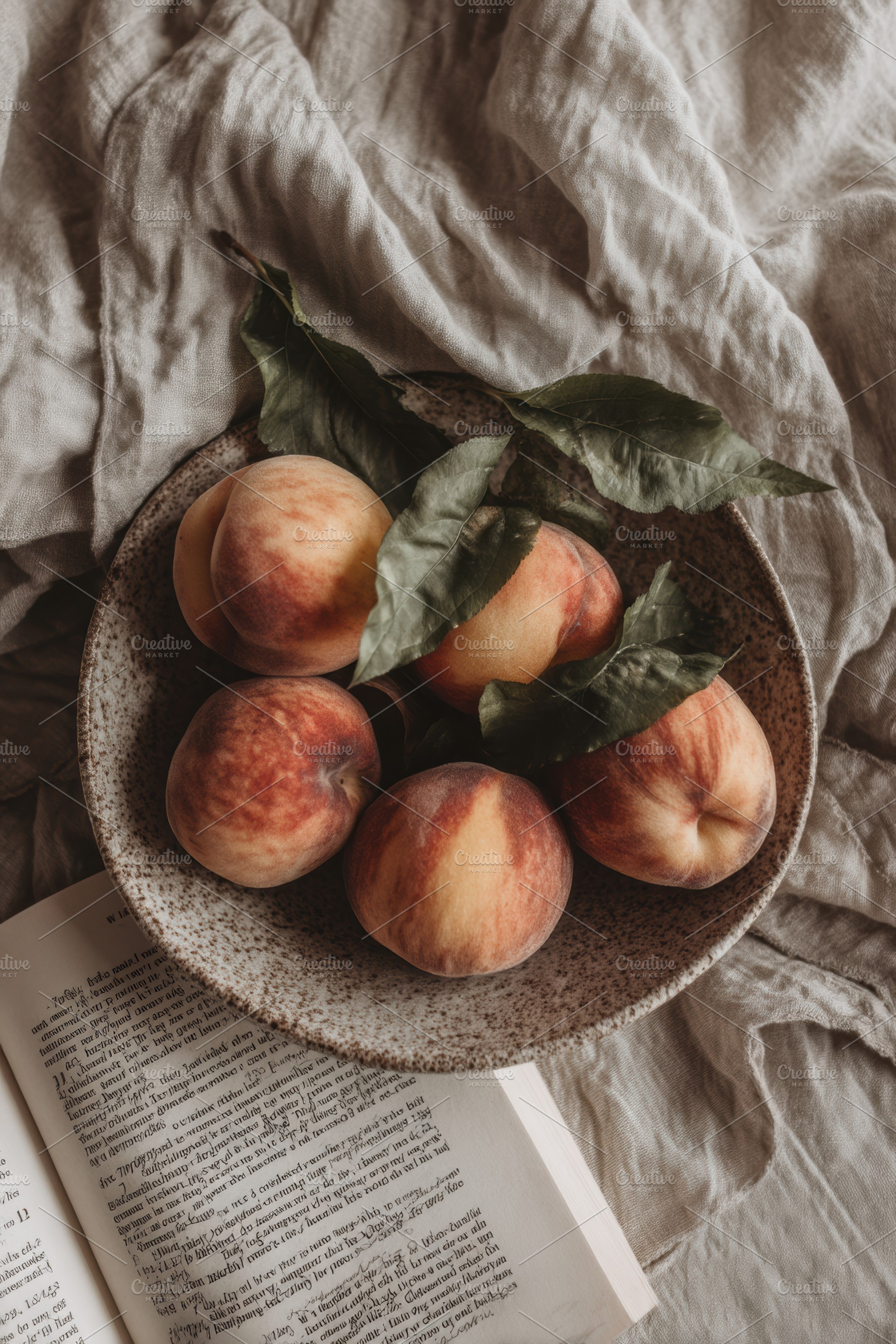 Ripe peaches in stoneware bowl, a Food & Drink Photo by Virgo Studio