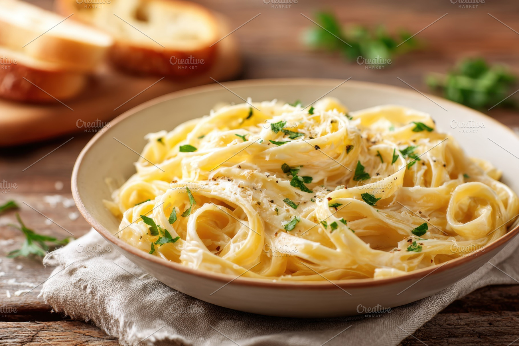 Creamy fettuccine pasta with parsley and cheese, a Food & Drink Photo by AlyaAnd