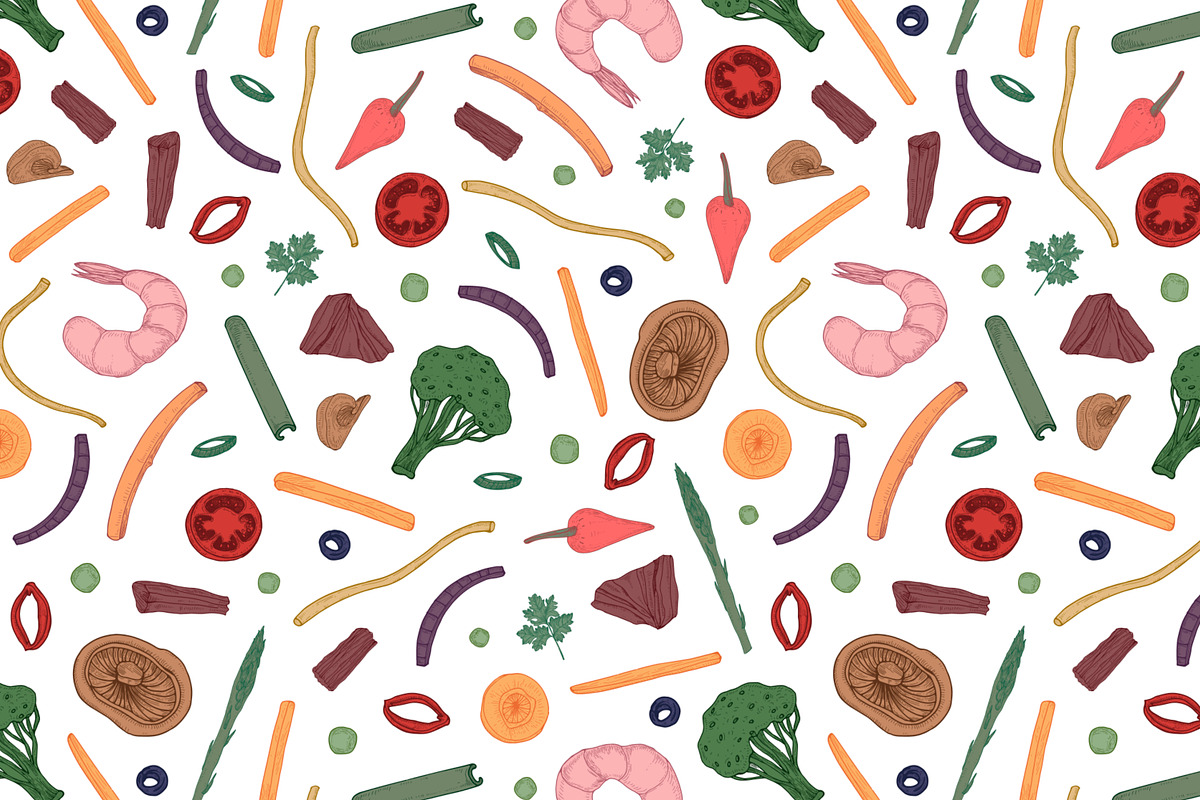 Wok food cards, seamless patterns, a Food Illustration by Good Studio (Photo 5 of 13)