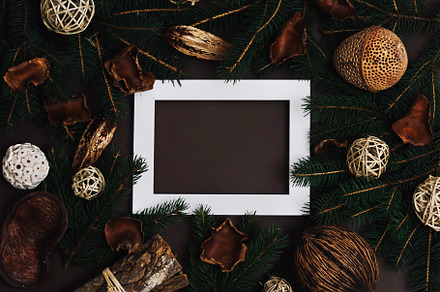 Empty picture frame with pine tree and natural christmas decorat, a Holiday Photo by hitdelight