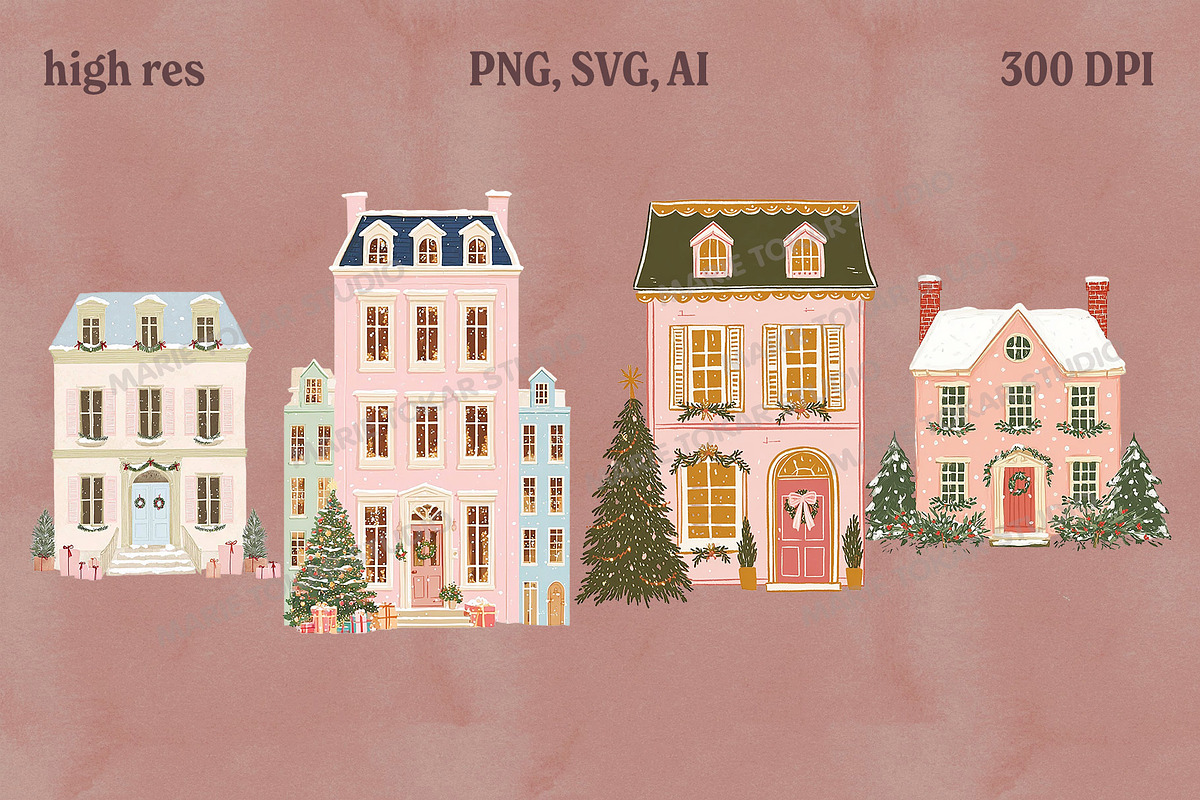 Hand-Drawn Cute Christmas Houses, a Seasonal Illustration by Marie T (Photo 3 of 5)