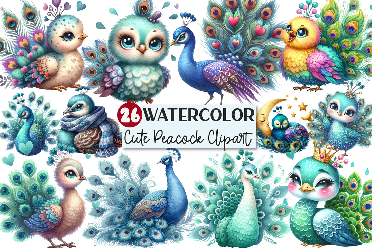 Cute Adorable Peacock Clipart, an Illustration by Rose Art (Photo 1 of 7)
