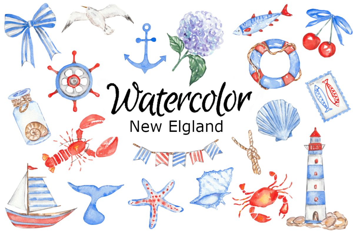 New England watercolor clipart, a Background Graphic by GoodFairyClipArt (Photo 1 of 2)