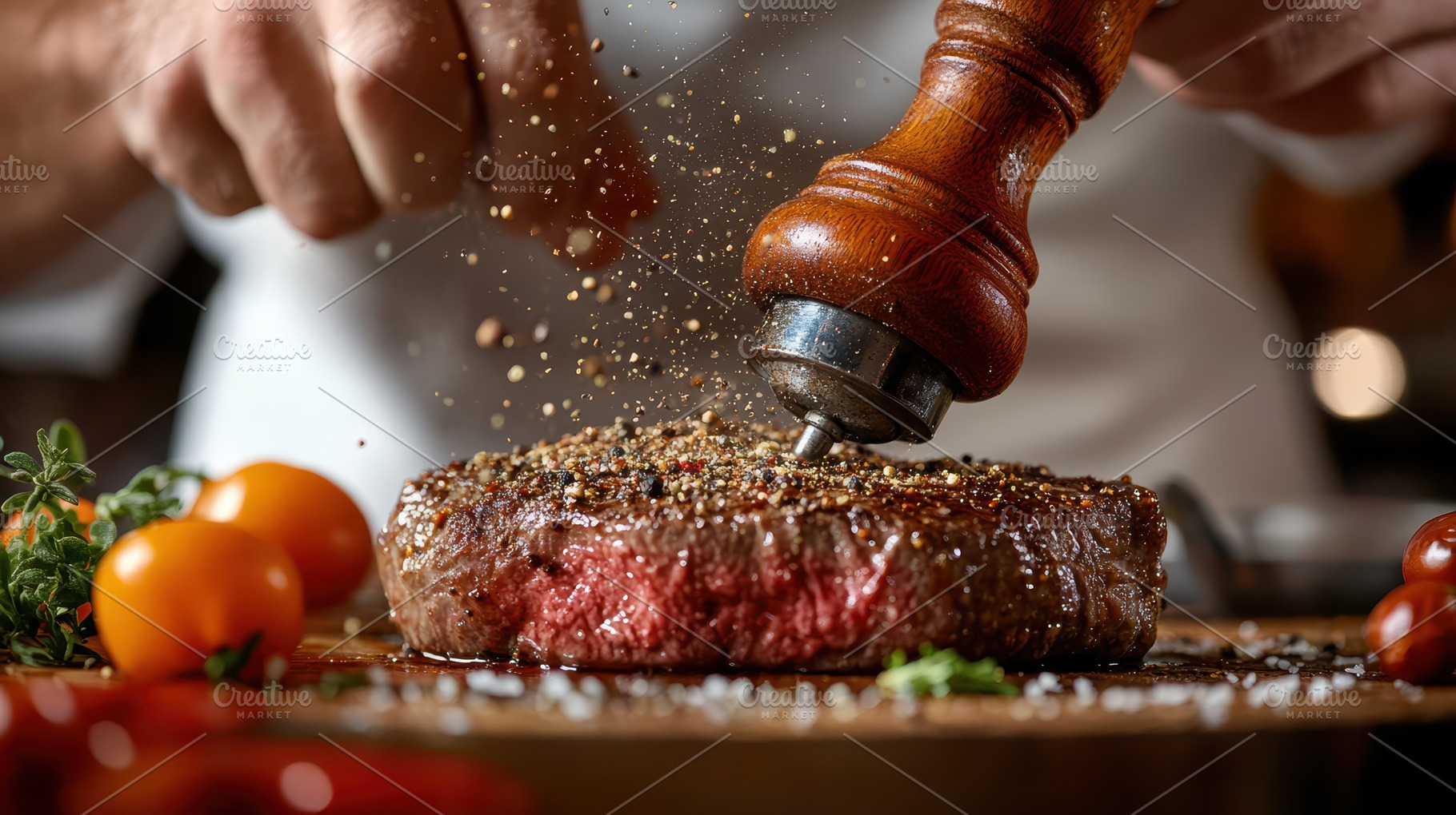 Chef seasoning delicious grilled ste, a Food & Drink Photo by Pixeness Studio