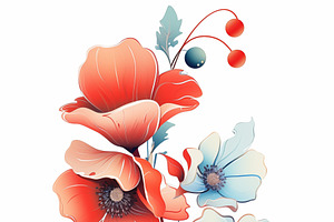 A Vibrant Floral Art Deco Design Featuring Red And Blue Poppies, With Delicate