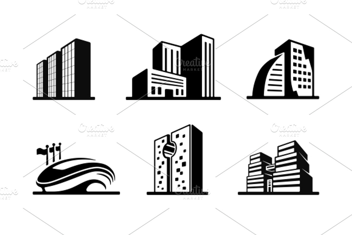 black and white building icons, an Icon by Microvector