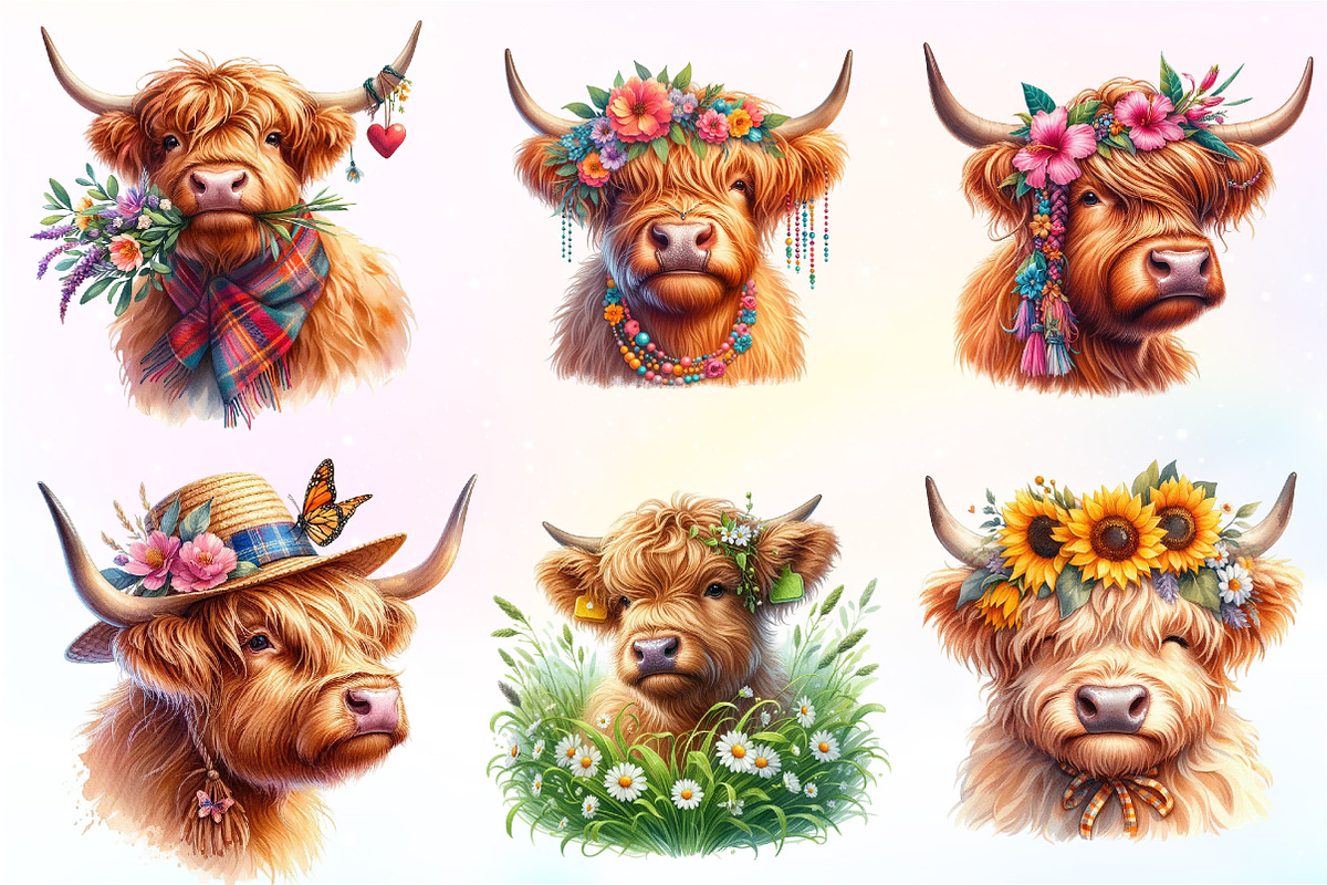 Highland Cow Summer Watercolor, an Illustration by CreationArt (Photo 8 of 9)