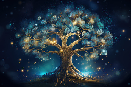 Magical tree with strong roots. Blue spirit tree on dark backgro, a Nature Photo by Studio Light & Shade