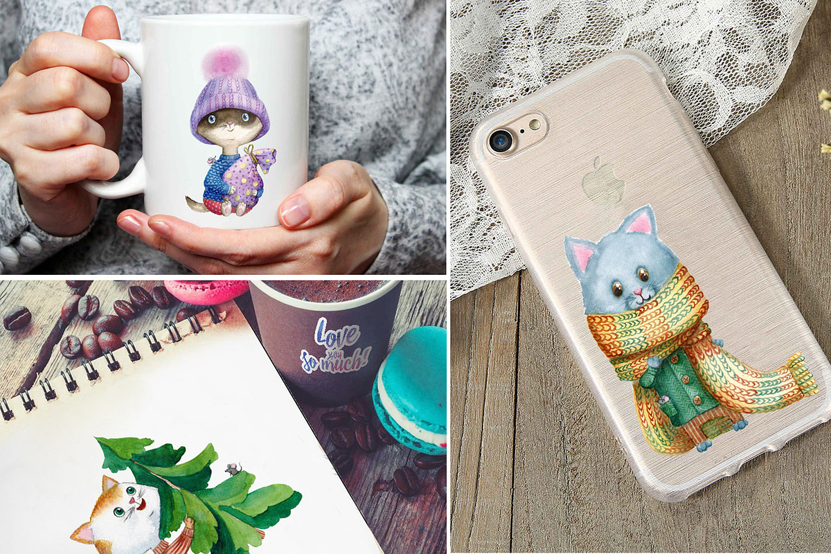 Winter kittens watercolor set, a Graphic by Lososenok (Photo 4 of 6)