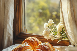 French pastry croissants on windowsill with sunrays, a Food & Drink Photo by AlyaAnd