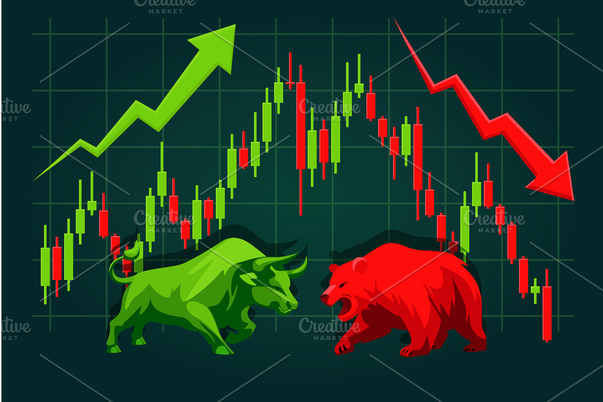 Bull and Bear Market Battle with Up, a Finance Illustration by BabySofja