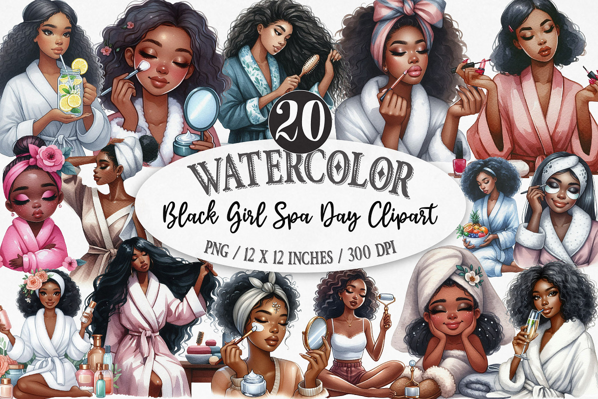 Black Girl Spa Day Watercolor PNG, an Illustration by Designking (Photo 1 of 5)