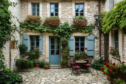 A charming Country French house style courtyard with a stone building featuring, an Architecture Photo by Textures & Backgrounds