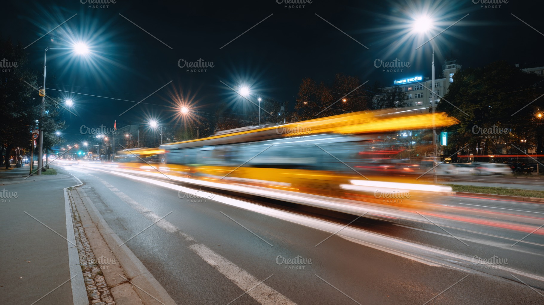 A vibrant city street at night, showcasing the blur of a bus in motion amid bri, a Business Photo by ImageMir