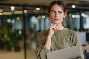Thoughtful businesswoman holding lap, a Photo by Pixeness Studio