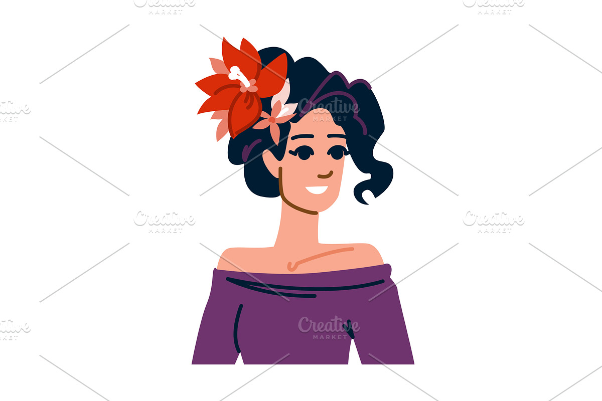 Smiling woman wearing red flower and, an Object Illustration by pikepicture