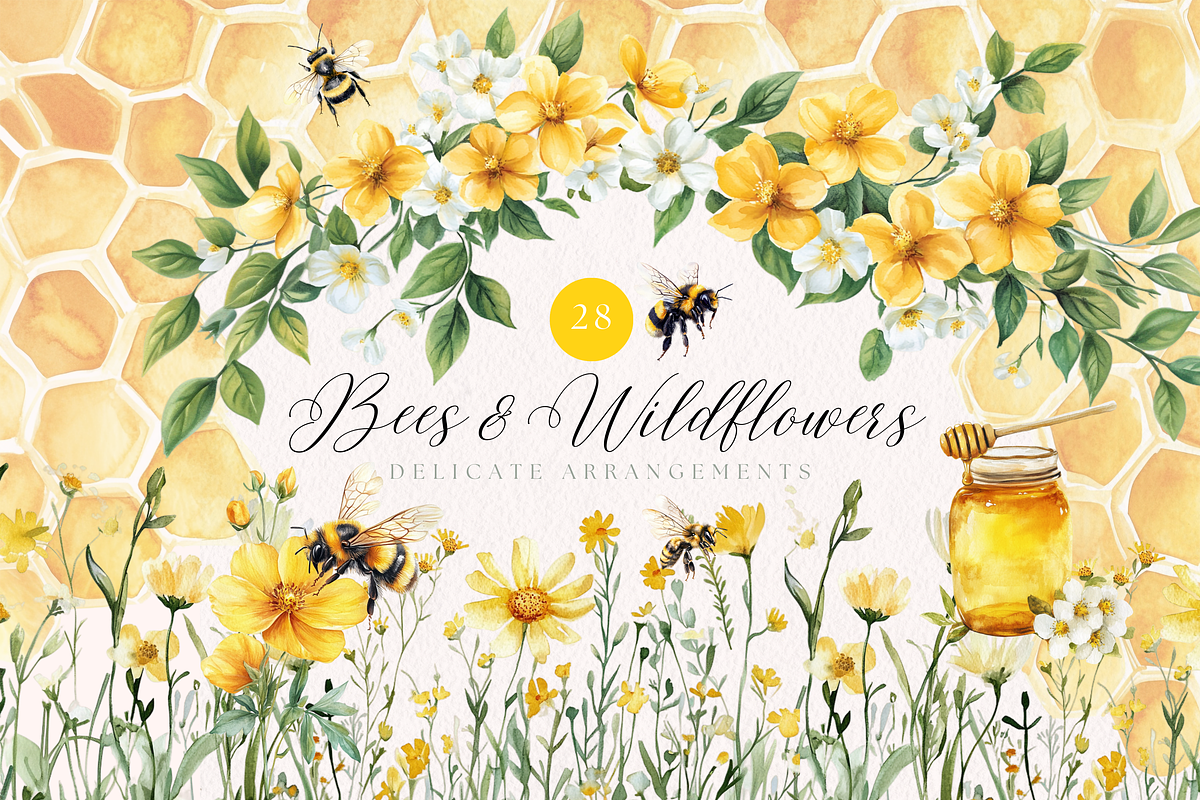 Bees and Wildflowers Clipart, a Decorative Illustration by ClipArtCharm (Photo 1 of 3)
