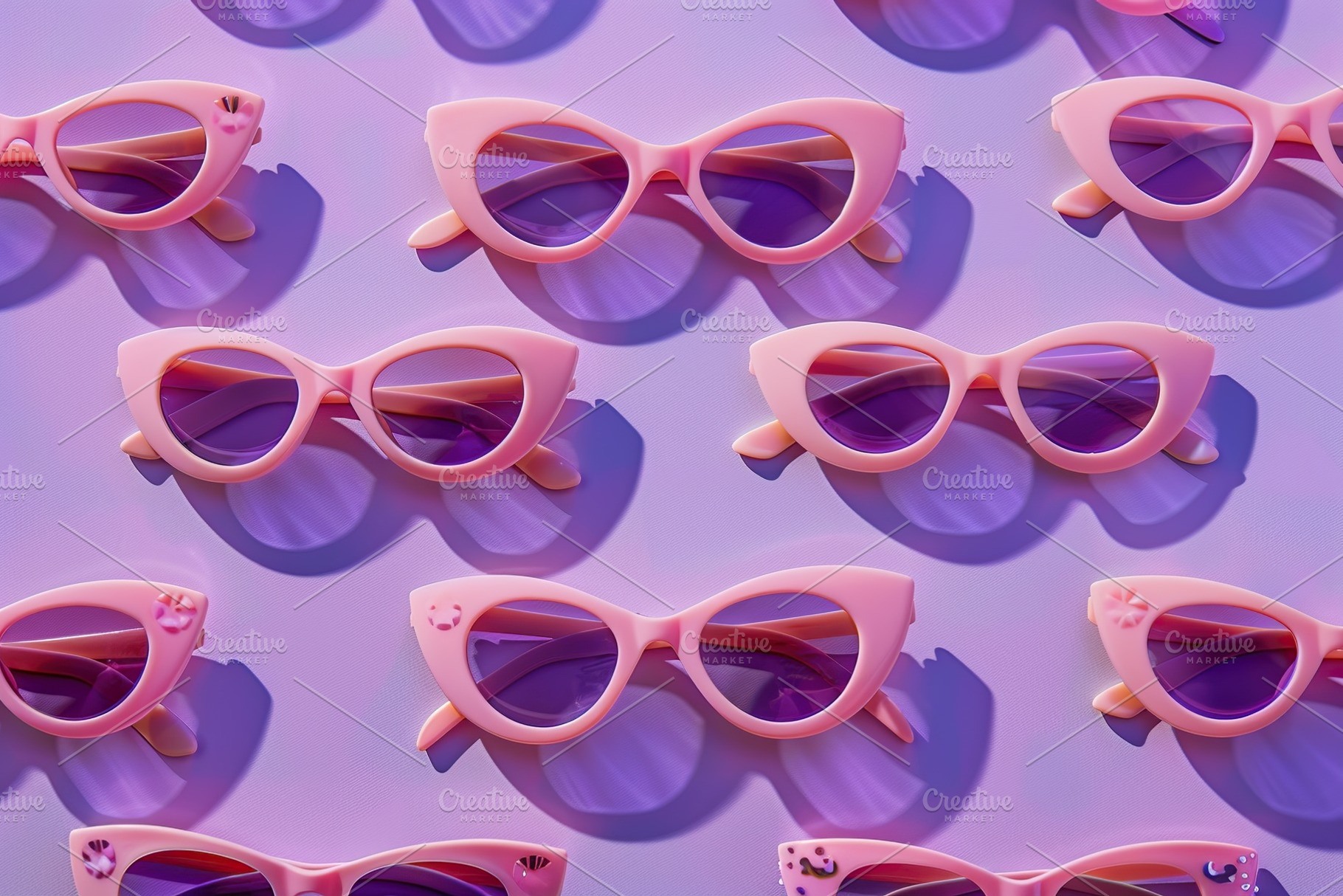 Pattern of pink sunglasses on purple background, a Food & Drink Photo by AlyaAnd