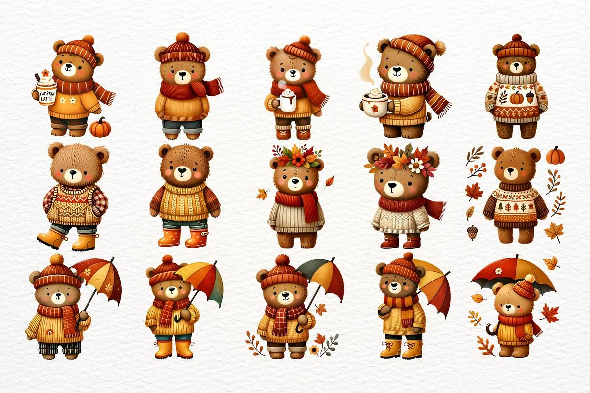 Cute Autumn Bear Clipart Bundle, a Seasonal Illustration by Nicolle's Colorful Art (Photo 5 of 7)