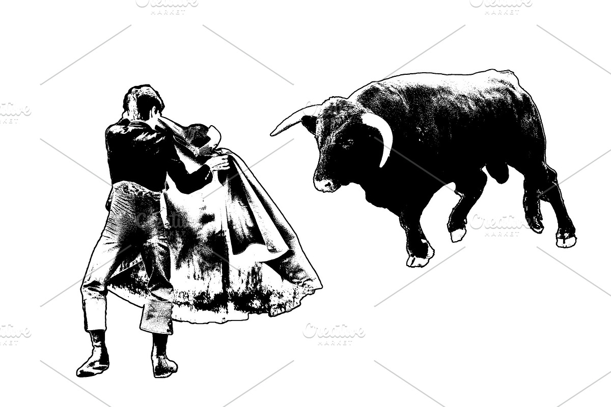 Isolated graphic of young bullfighter versus bull, a Sport Illustration by DanFLCreativo