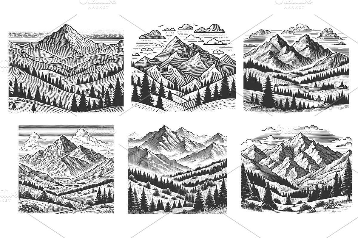 Mountain Landscape engraving set, an Illustration by AlexArt