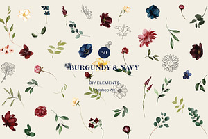 Burgundy & Navy Watercolor Clipart