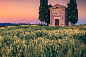 Old Vitaleta chapel and grain fields, an Architecture Photo by Alpine Dreams