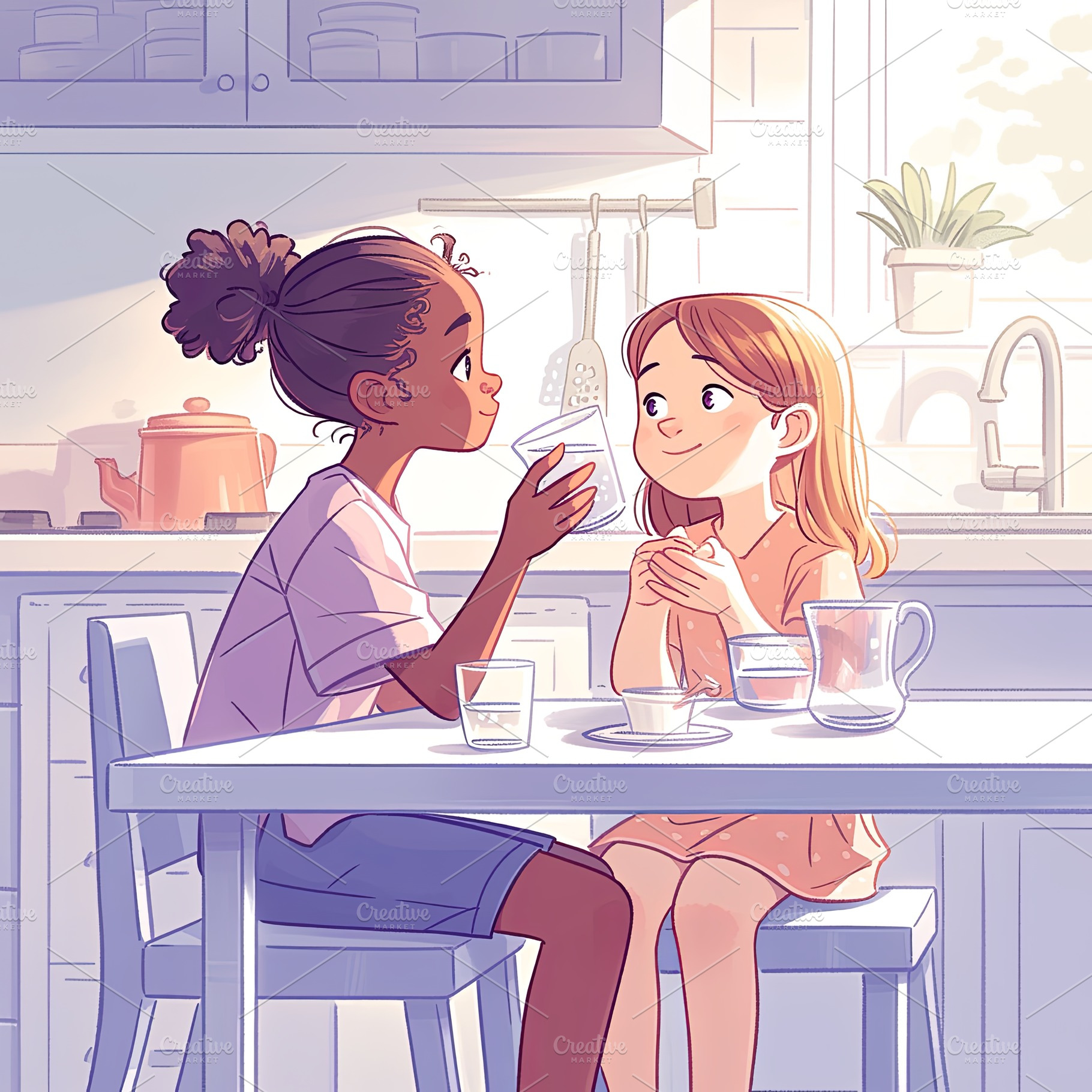 Two children sharing conversation and laughter at a cozy kitchen table, a Photo by AS photostudio