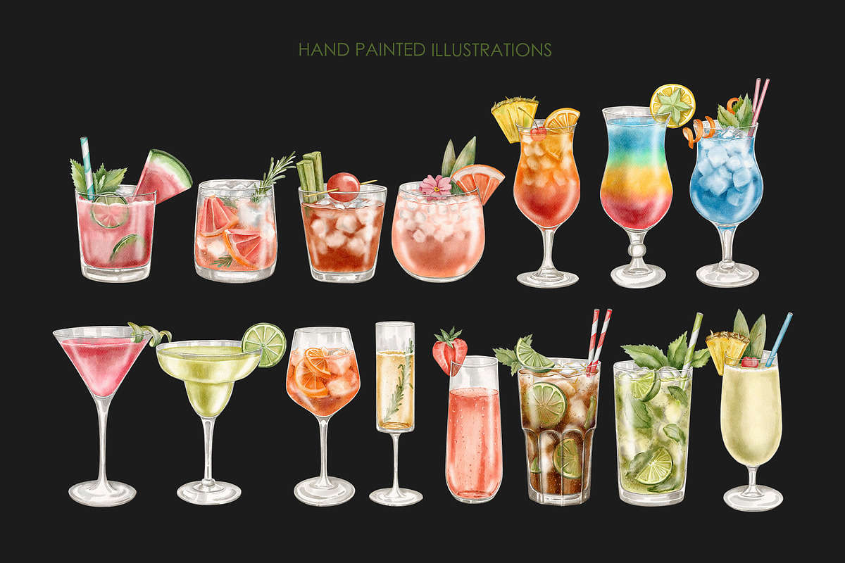 Watercolor cocktails clipart PNG, a Food Illustration by AquarelleSpace (Photo 3 of 4)